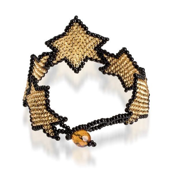 Alternate image for Black Golden-Toned Beaded Wristband Bracelet with Star Theme Amber Starlight