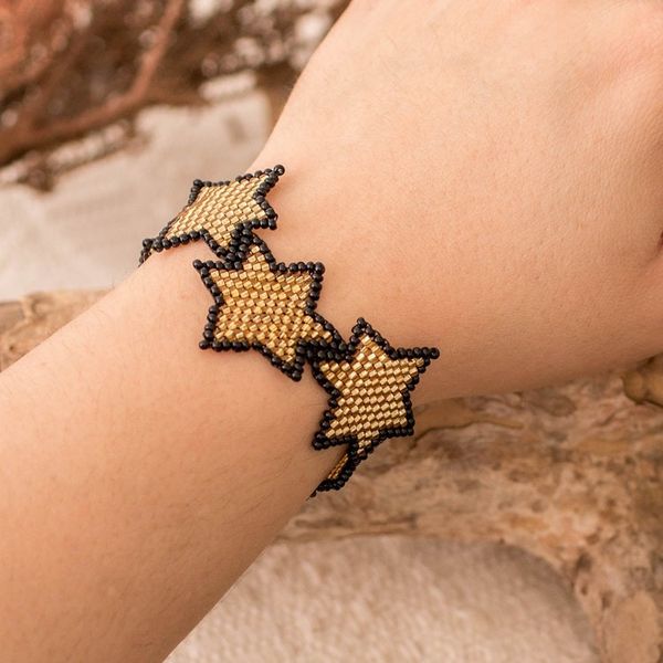 Alternate image for Black Golden-Toned Beaded Wristband Bracelet with Star Theme Amber Starlight