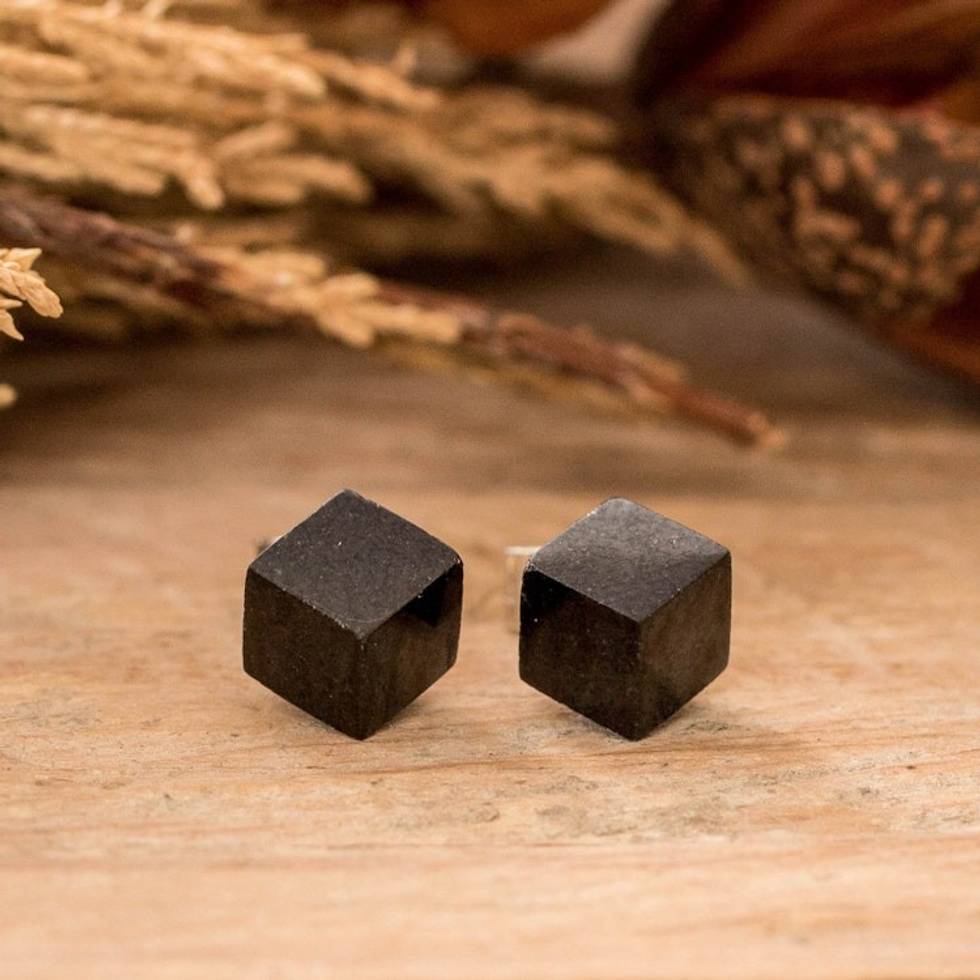 Cube Square Shaped Modern Black Jade Silver Button Earrings 'Black Cube'