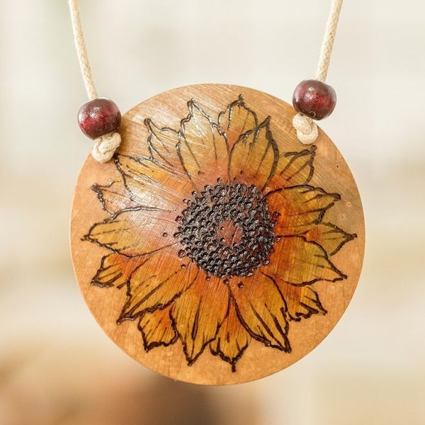 Alternate image for Hand-Painted Calabash Gourd Sunflower Pendant Necklace Sunflower Spirit