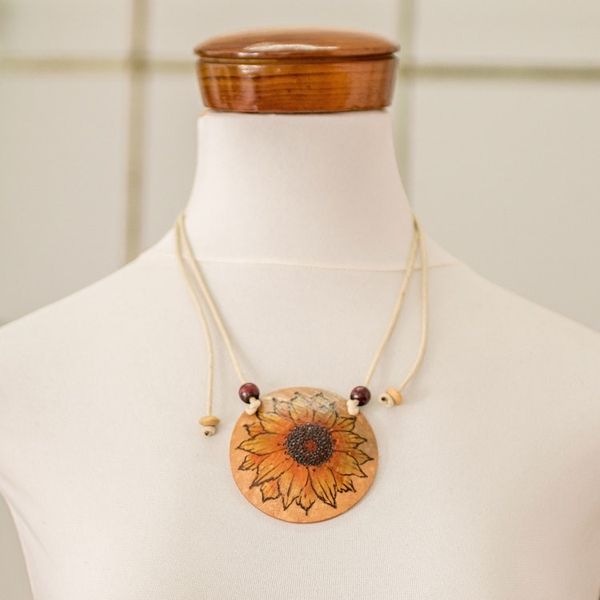 Alternate image for Hand-Painted Calabash Gourd Sunflower Pendant Necklace Sunflower Spirit