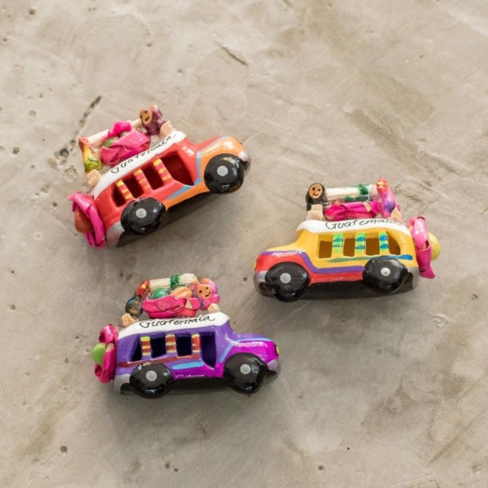 Ceramic Refrigerator Magnets of Guatemalan Buses Set of 3 'Multicolor Old Time Buses'