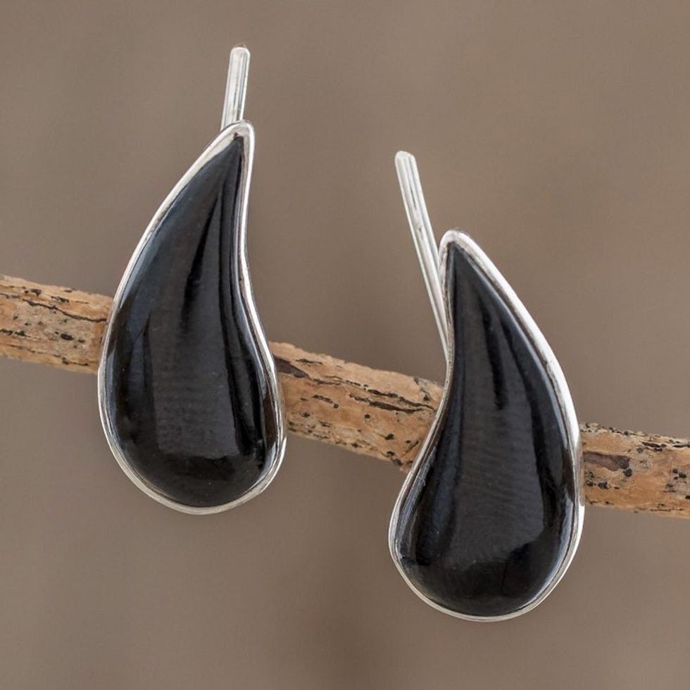 Drop-Shaped Black Jade Climber Earrings from Guatemala 'Black Guatemalan Drops'