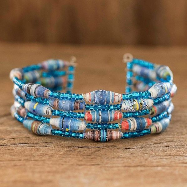 Alternate image for Blue Paper and Glass Bead Cuff Bracelet Nature of Life in Blue