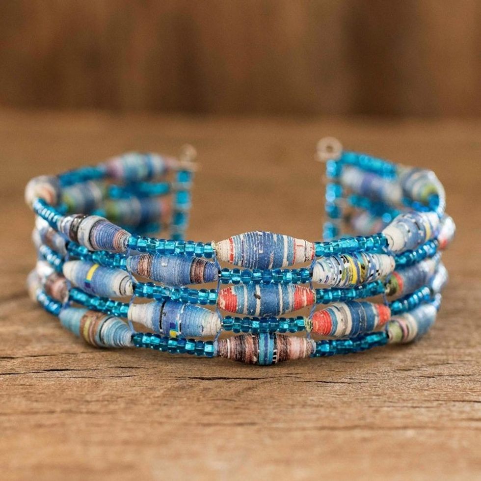 Blue Paper and Glass Bead Cuff Bracelet 'Nature of Life in Blue'