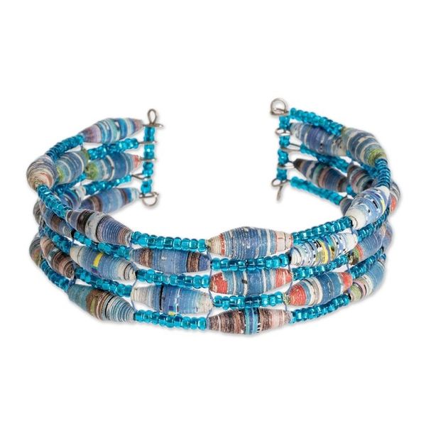 Alternate image for Blue Paper and Glass Bead Cuff Bracelet Nature of Life in Blue