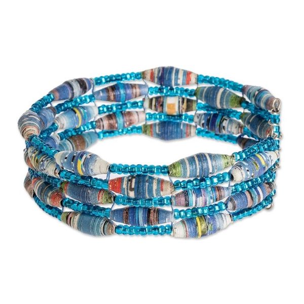 Alternate image for Blue Paper and Glass Bead Cuff Bracelet Nature of Life in Blue