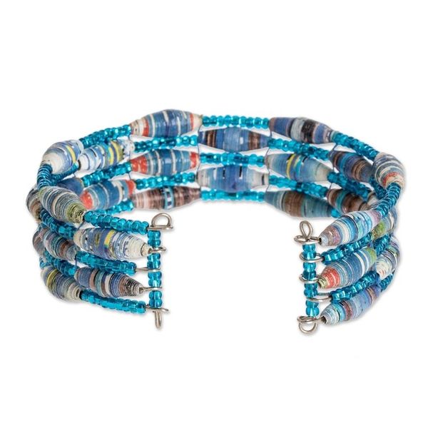 Alternate image for Blue Paper and Glass Bead Cuff Bracelet Nature of Life in Blue
