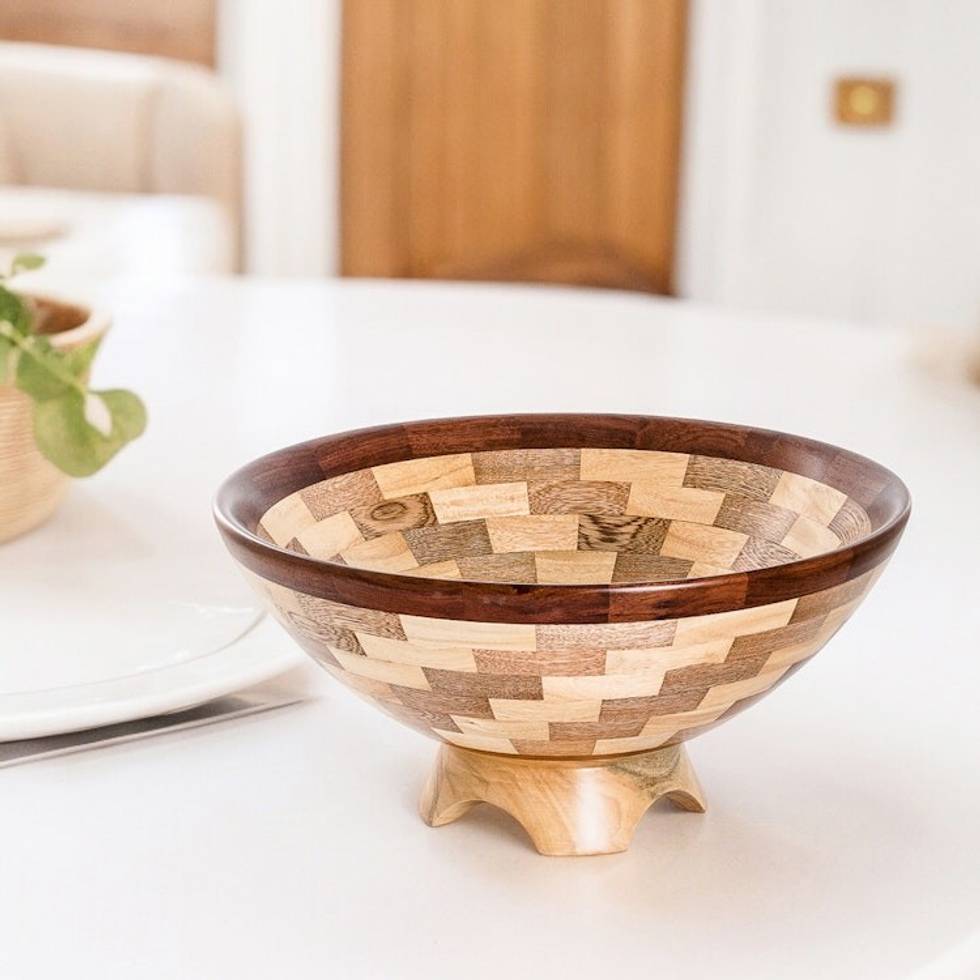 Artisan Crafted Natural Wood Fruit Bowl from Guatemala 'Tikal Geometry'