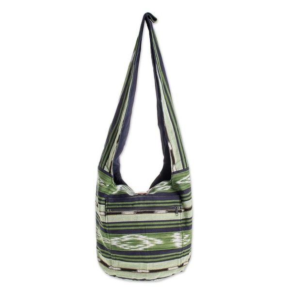Alternate image for Handwoven Geometric Cotton Bucket Bag in Green Verdant Paths