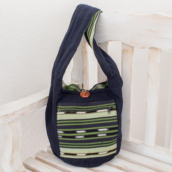 Alternate image for Handwoven Geometric Cotton Bucket Bag in Green Verdant Paths