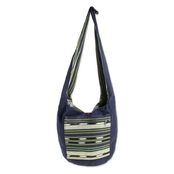 Alternate image for Handwoven Geometric Cotton Bucket Bag in Green Verdant Paths