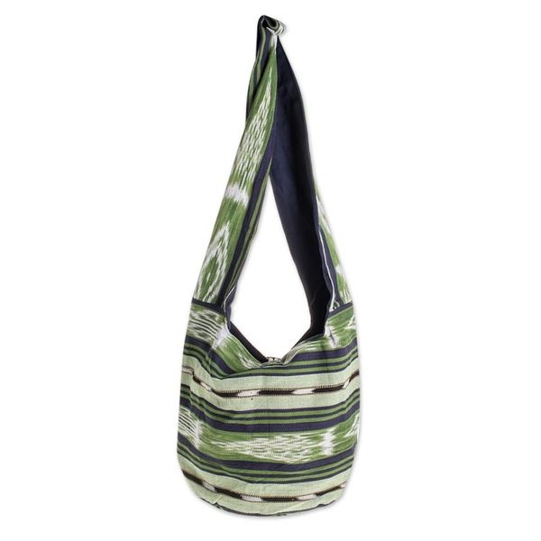 Alternate image for Handwoven Geometric Cotton Bucket Bag in Green Verdant Paths