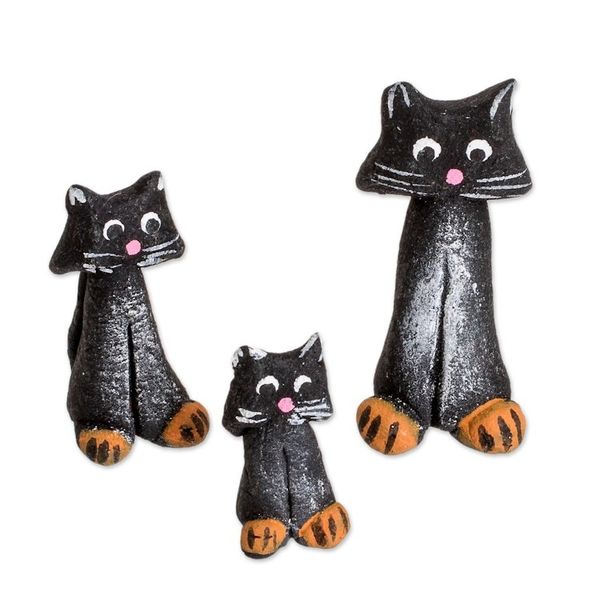 Alternate image for Set of 3 Hand-painted Black Cat-shaped Ceramic Figurines Black Cat Family