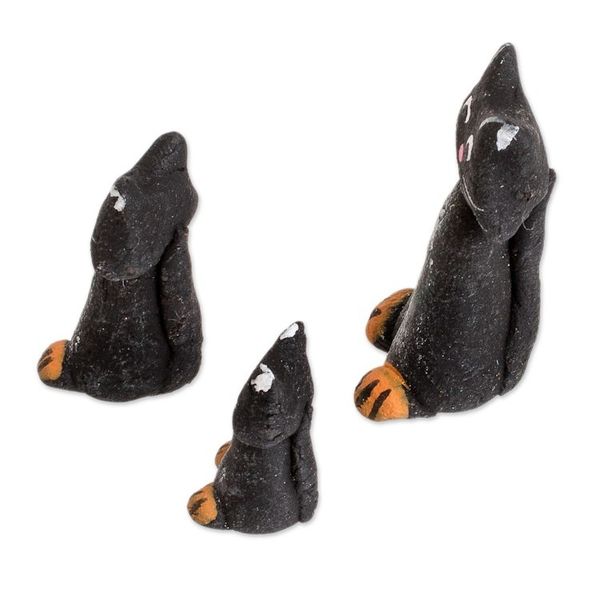 Alternate image for Set of 3 Hand-painted Black Cat-shaped Ceramic Figurines Black Cat Family