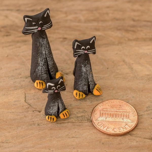 Alternate image for Set of 3 Hand-painted Black Cat-shaped Ceramic Figurines Black Cat Family