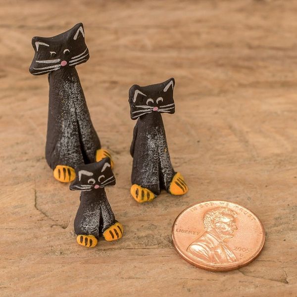 Alternate image for Set of 3 Hand-painted Black Cat-shaped Ceramic Figurines Black Cat Family