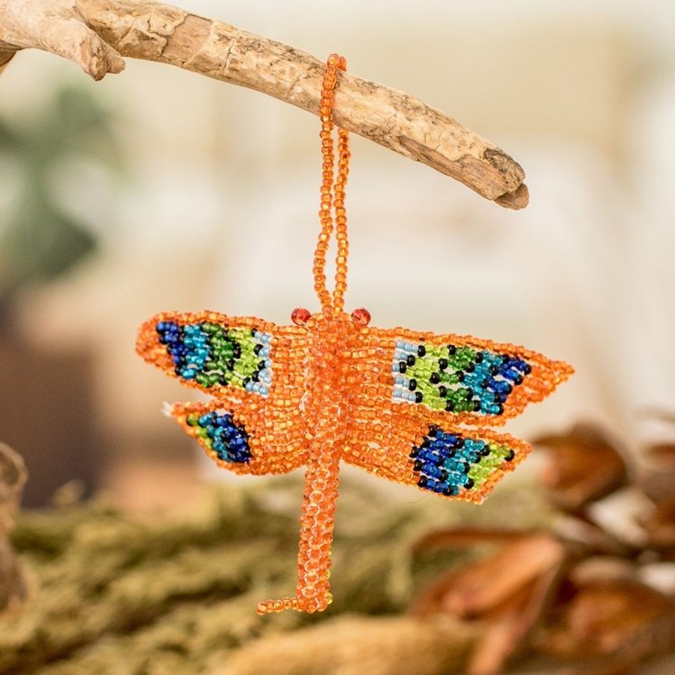 Glass Beaded Dragonfly Ornament in Orange Hue from Guatemala 'Orange Free Flight'
