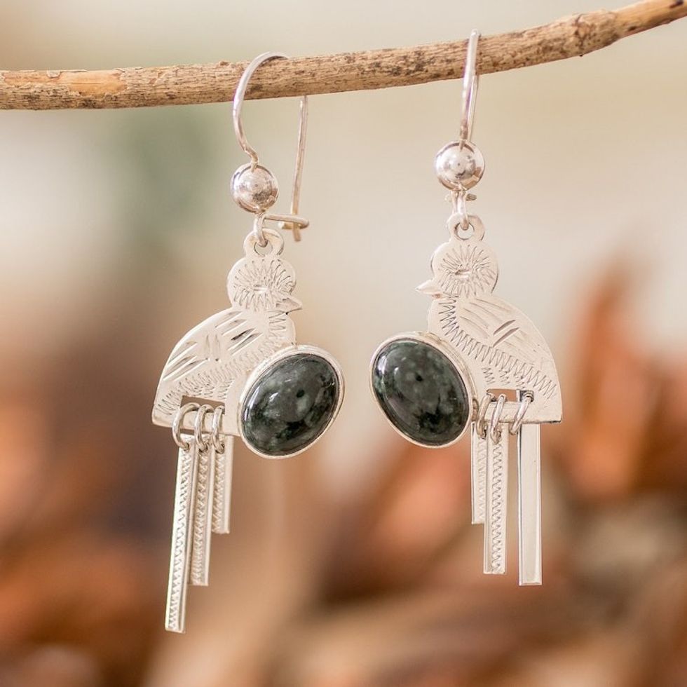 Sterling Silver Dark Green Jade Quetzal Bird Dangle Earrings 'Green Quetzal Flight'