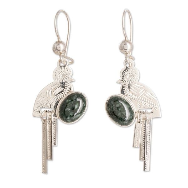 Alternate image for Sterling Silver Dark Green Jade Quetzal Bird Dangle Earrings Green Quetzal Flight