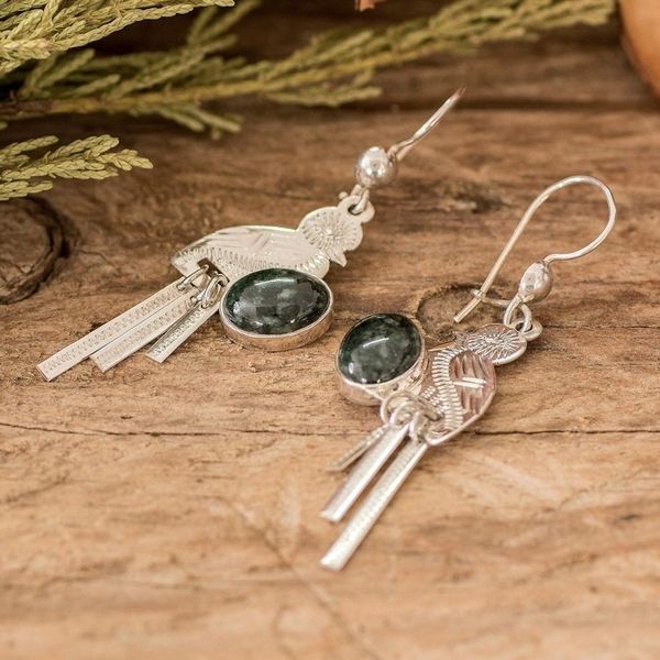 Alternate image for Sterling Silver Dark Green Jade Quetzal Bird Dangle Earrings Green Quetzal Flight