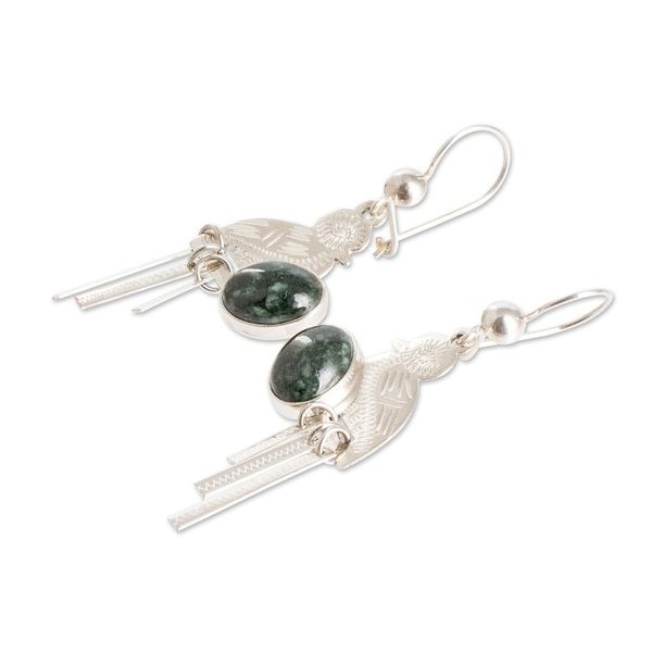 Alternate image for Sterling Silver Dark Green Jade Quetzal Bird Dangle Earrings Green Quetzal Flight