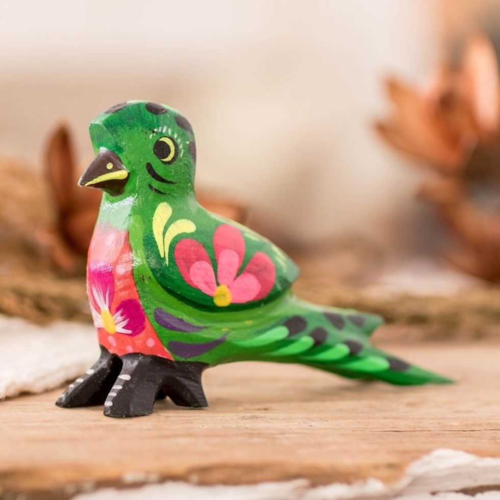 Hand-Painted Wooden Figurine of Guatemalan Quetzal Bird 'Icon of Guatemala'
