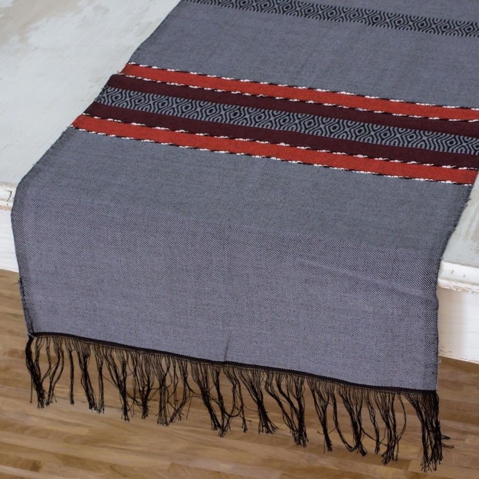Fringed All Cotton Table Runner in Grey and Black 'Trails of Totonicapan in Grey'