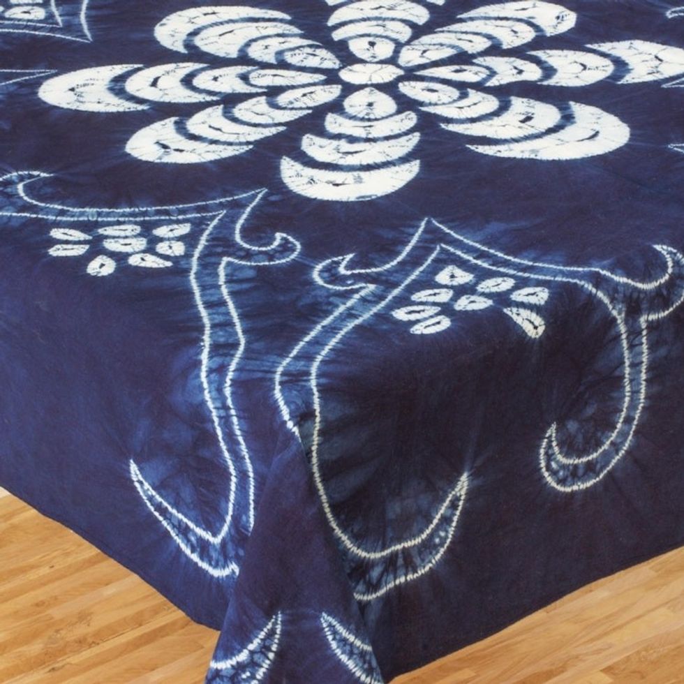 White Flower on Indigo Cotton Batik Hand Crafted Table Cloth 'El Salvador Wildflower'