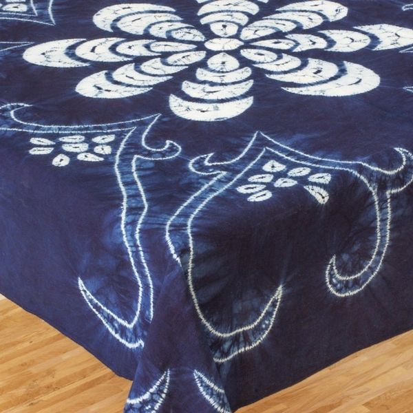 Alternate image for White Flower on Indigo Cotton Batik Hand Crafted Table Cloth El Salvador Wildflower