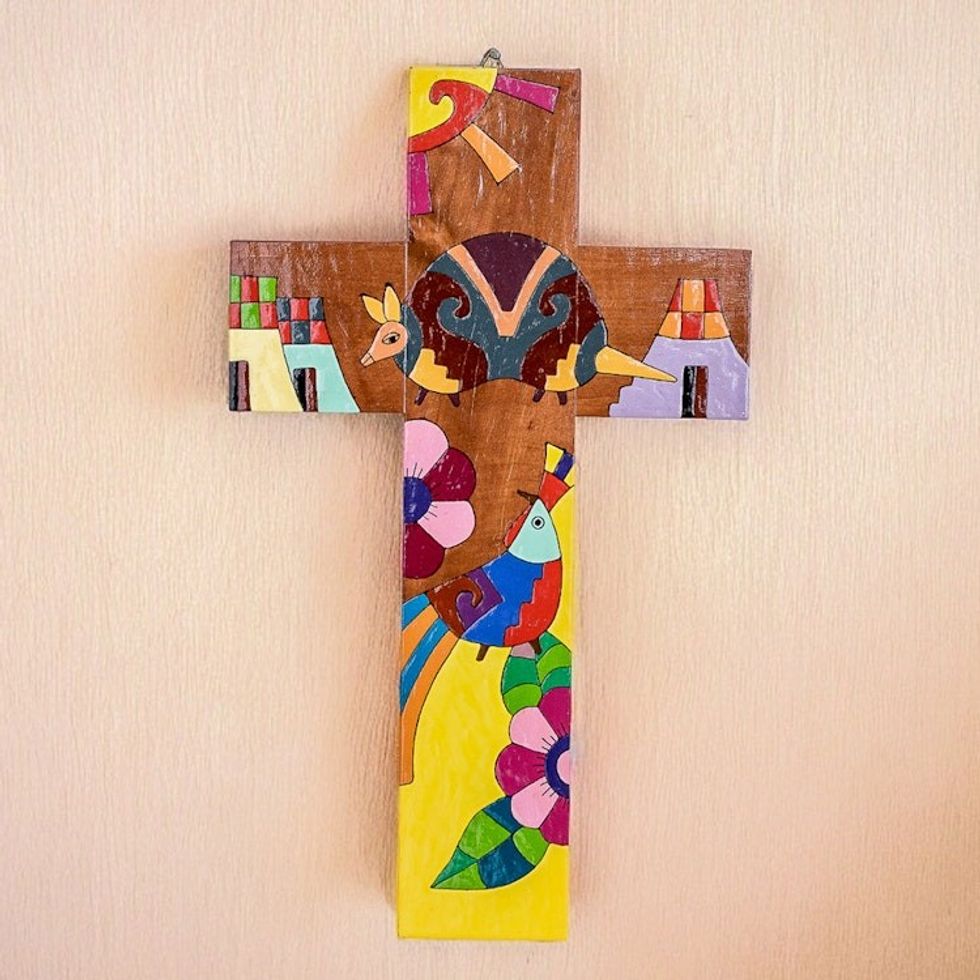 Hand-Painted Folk Art-Themed Pinewood Wall Cross 'Nature Peace'