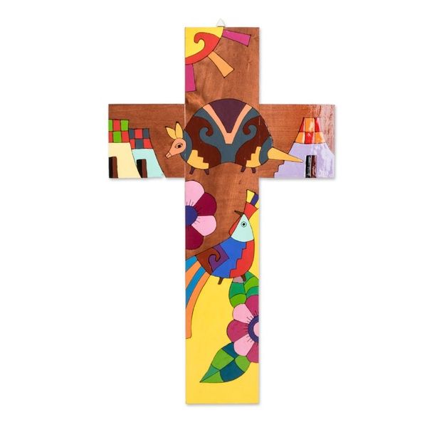 Alternate image for Hand-Painted Folk Art-Themed Pinewood Wall Cross Nature Peace