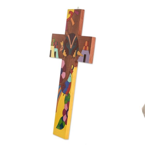 Alternate image for Hand-Painted Folk Art-Themed Pinewood Wall Cross Nature Peace