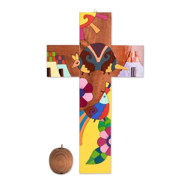 Alternate image for Hand-Painted Folk Art-Themed Pinewood Wall Cross Nature Peace
