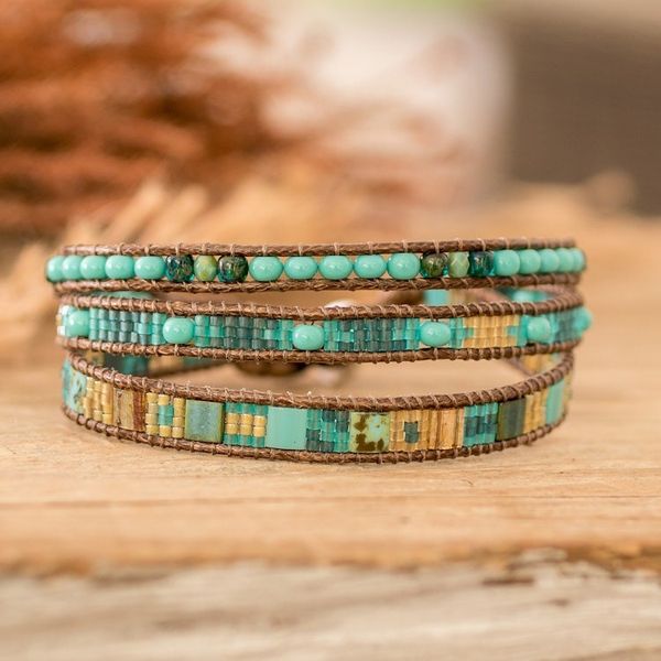 Alternate image for Golden and Green Glass Beaded Strand Wristband Bracelet Beach Days