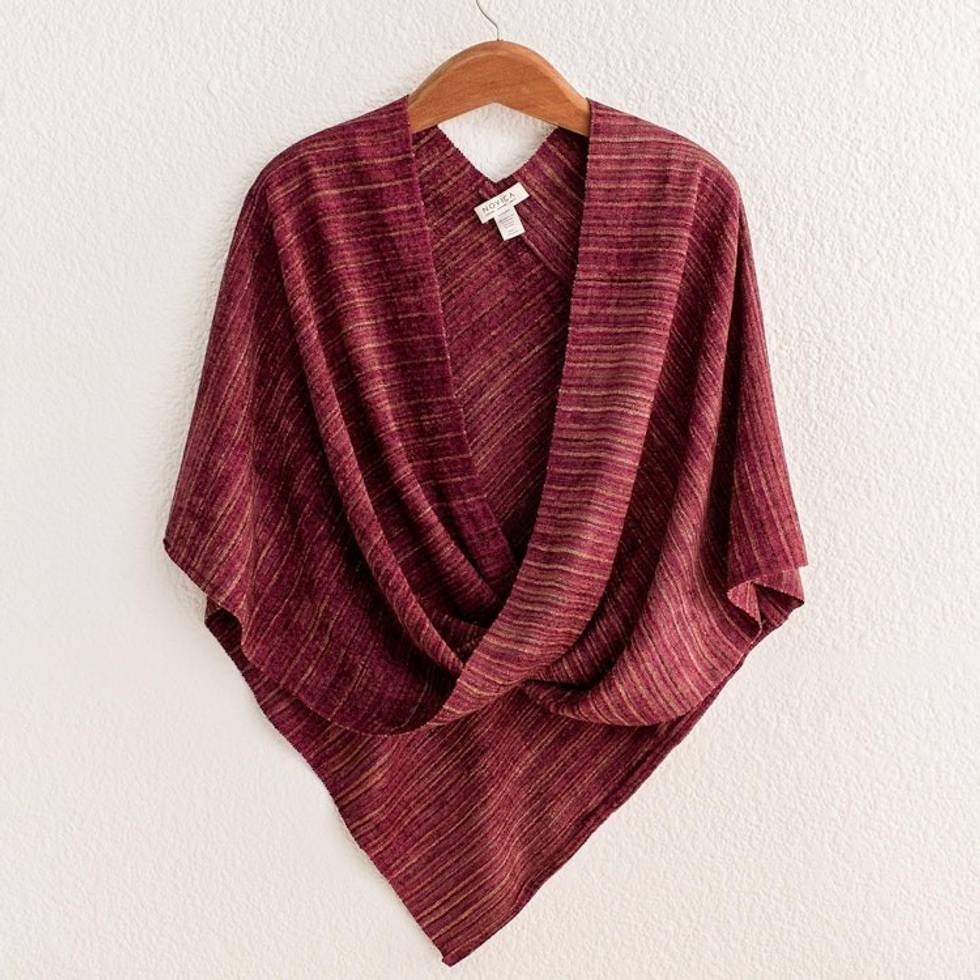 Cotton Blend Twisted Front Poncho in Earthy Berry Colors 'Berries and Honey'
