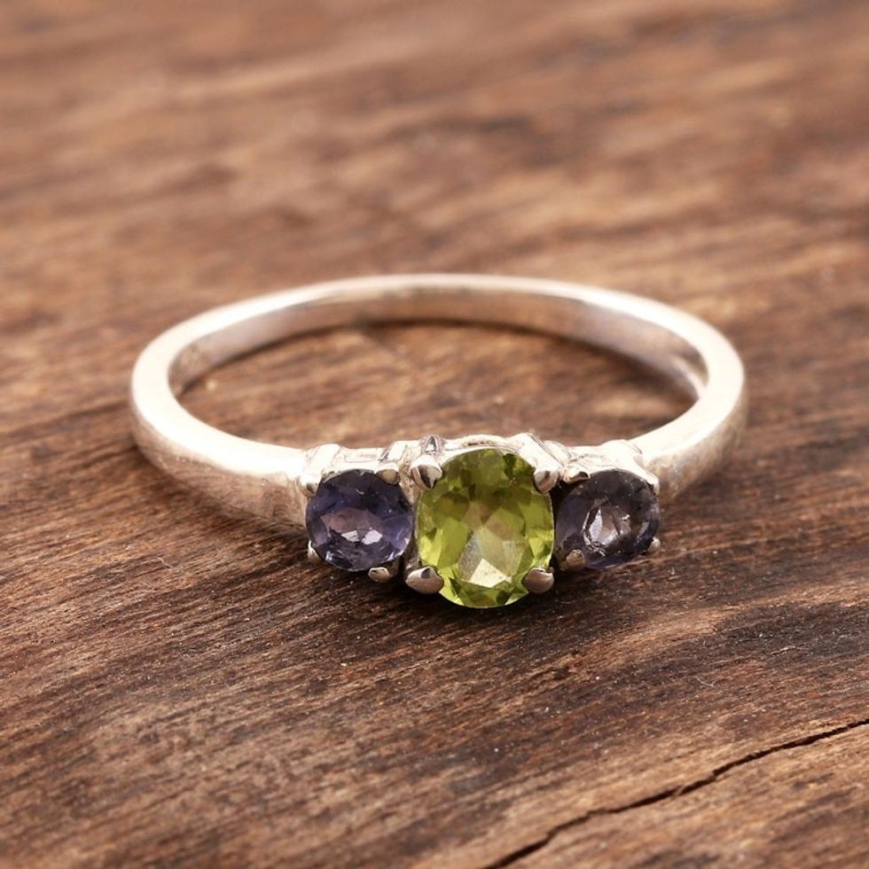 Peridot and Iolite Ring on Sterling Silver from India 'Blue Embrace'