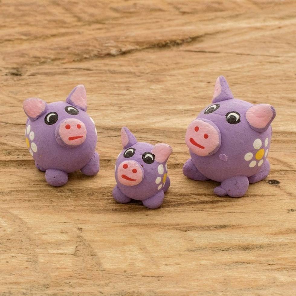 Set of 3 Purple Pig Ceramic Figurines Handmade in Guatemala 'Purple Pig Family'