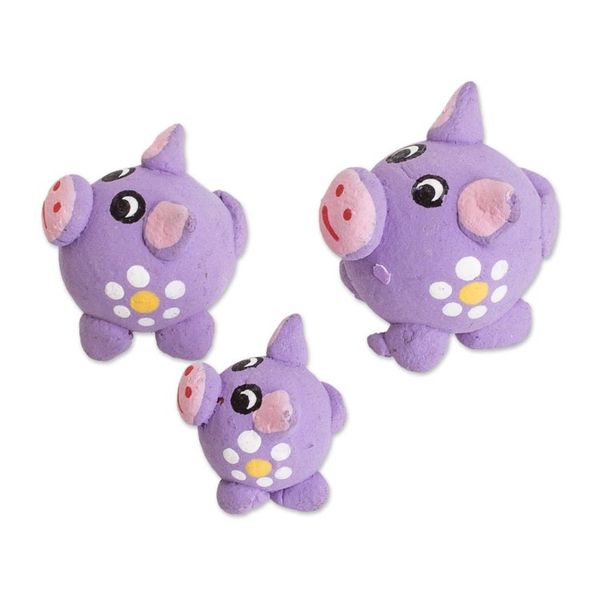 Alternate image for Set of 3 Purple Pig Ceramic Figurines Handmade in Guatemala Purple Pig Family
