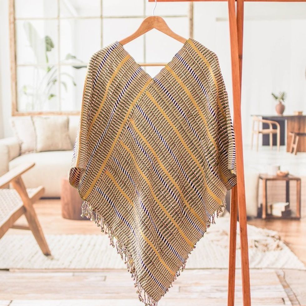 Guatemalan Artisan-Made Handwoven Cotton Poncho with Fringes 'Path to Bliss'