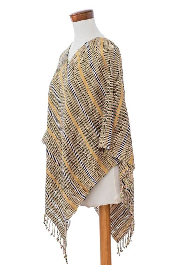 Alternate image for Guatemalan Artisan-Made Handwoven Cotton Poncho with Fringes Path to Bliss