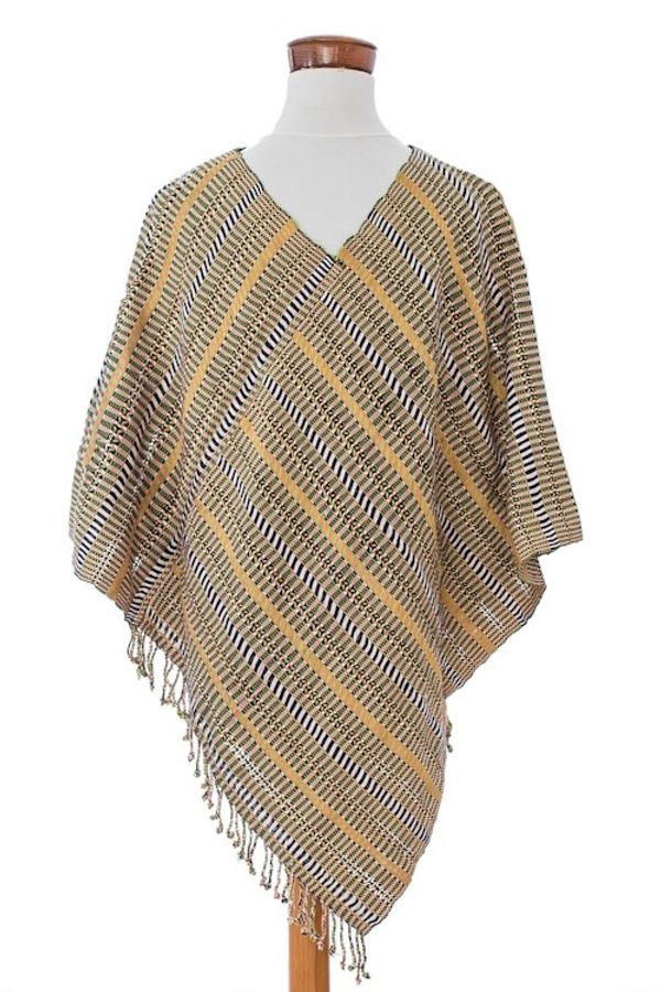 Alternate image for Guatemalan Artisan-Made Handwoven Cotton Poncho with Fringes Path to Bliss