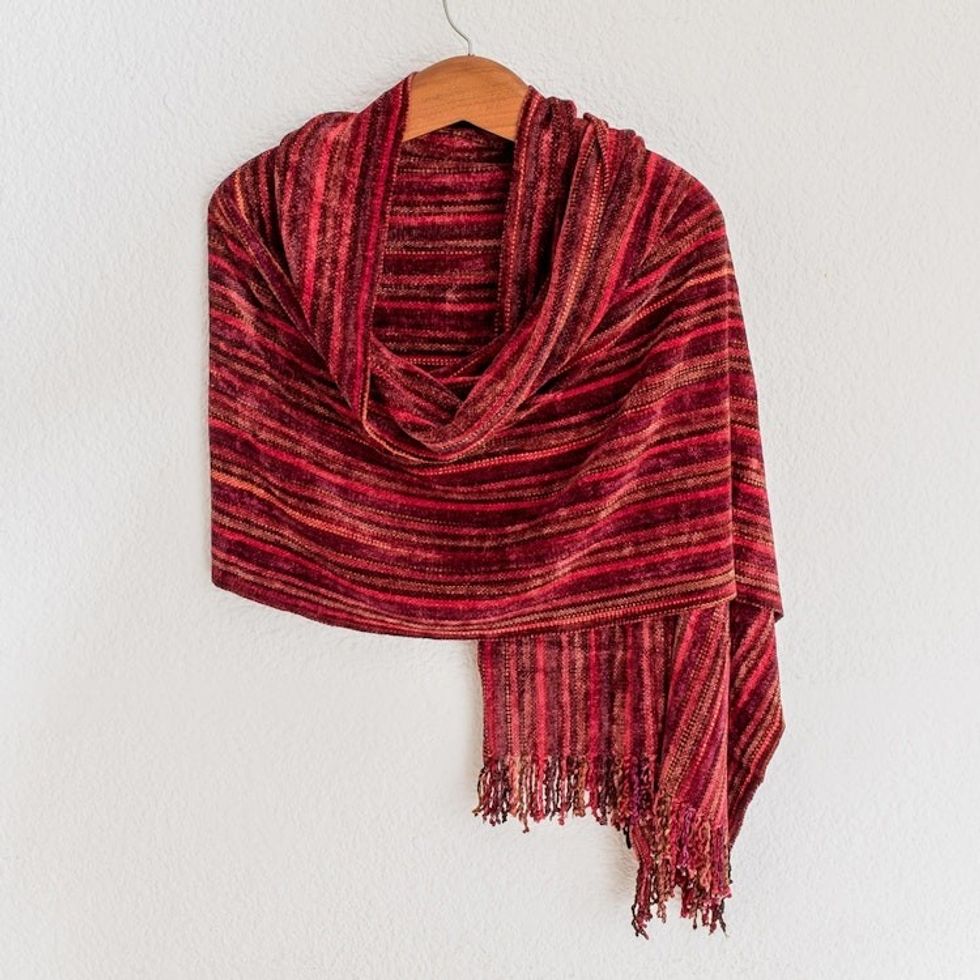 Guatemalan Handcrafted Rayon Chenille Shawl 'Crimson Fantasy'