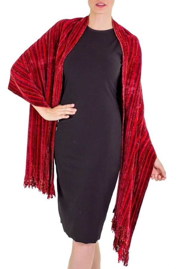 Alternate image for Guatemalan Handcrafted Rayon Chenille Shawl Crimson Fantasy