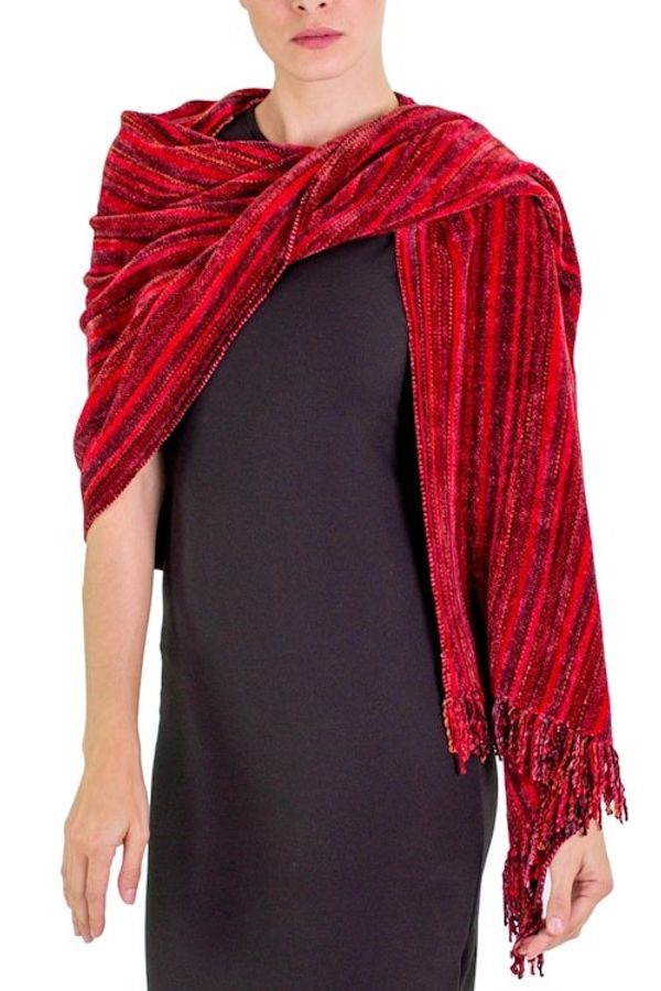 Alternate image for Guatemalan Handcrafted Rayon Chenille Shawl Crimson Fantasy