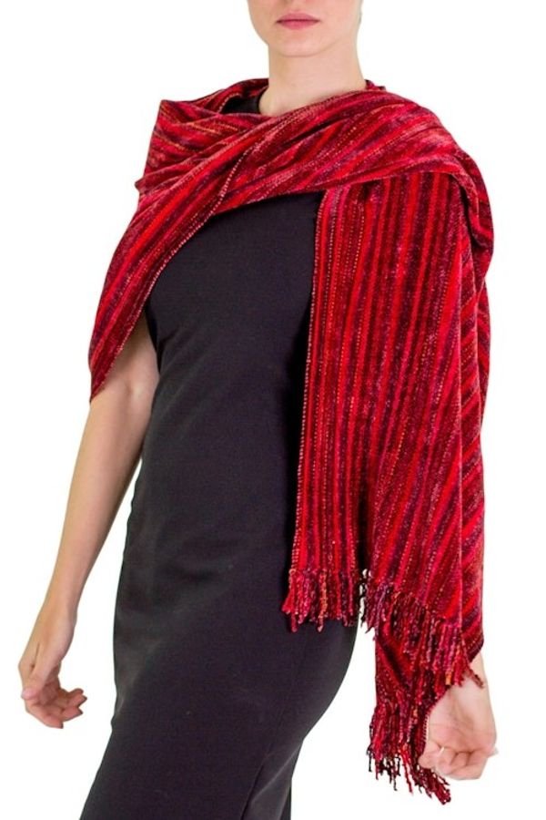 Alternate image for Guatemalan Handcrafted Rayon Chenille Shawl Crimson Fantasy
