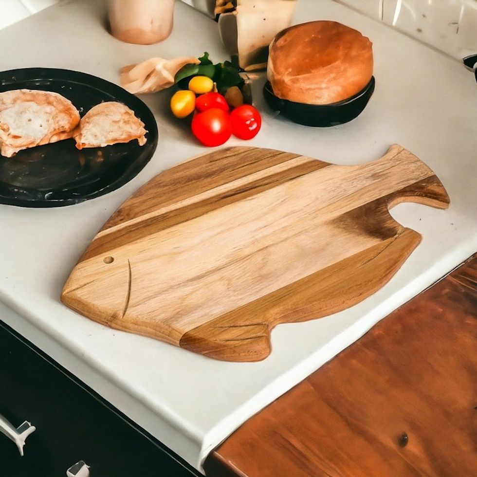 Hand-Carved Fish-Shaped Teak Wood Cheese Board 'Oceanic Ambrosia'