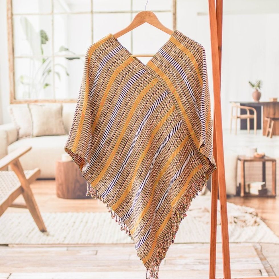 Handloomed Striped Fringed Cotton Poncho Woven in Guatemala 'Path to Joy'