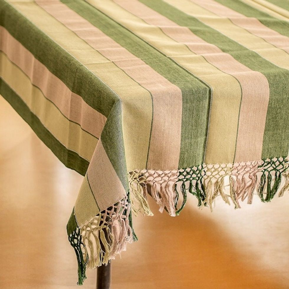 Handwoven Striped Fringed Brown and Green Cotton Tablecloth 'Forest Life'