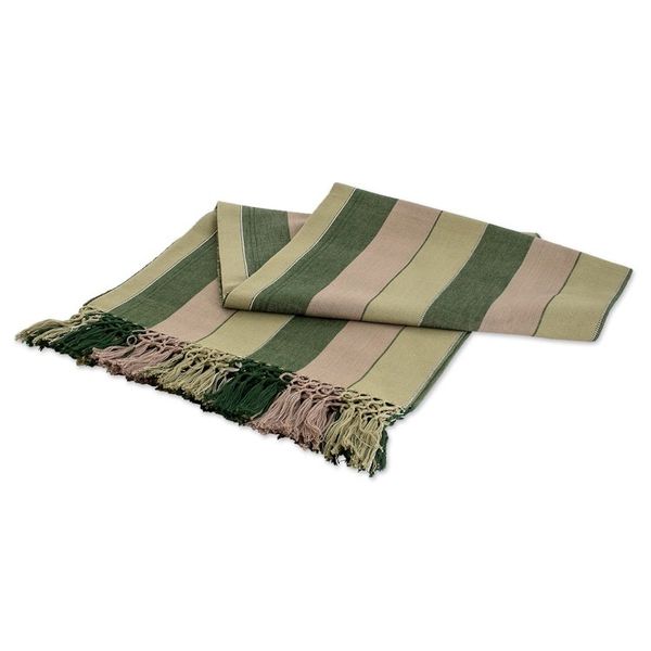 Alternate image for Handwoven Striped Fringed Brown and Green Cotton Tablecloth Forest Life